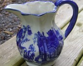 Vintage Cream Pitcher, Blue and White Pattern, Blue ironstone Stoneware, Farmhouse, Colonial American, Horses, Victorian Home, Flow Blue