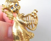 Angels Cherub Harp Brooch Pin Vintage Jewelry Gold Plated Blue Eyes Rhinestones Baby Girl Christmas Easter Mothers Day Music Angel Wing