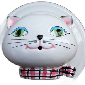 Vintage Holt Howard Cozy Cat Face String Holder MCM, white kitten tartan Bow tie Scissor Holder