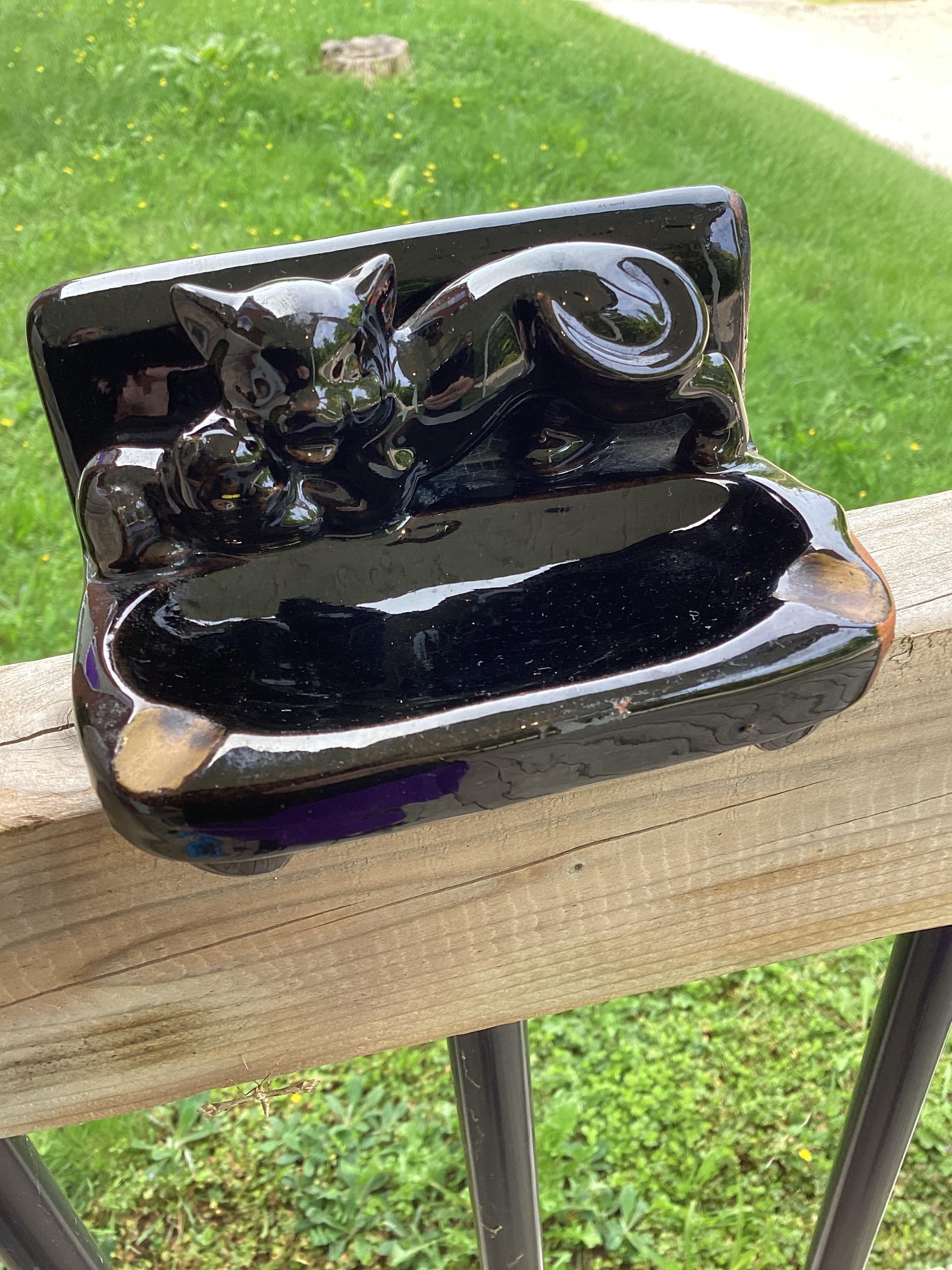 vintage black cat ash tray redware pottery Ashtray Halloween gothic decor smokers gifts Shafford  paint brush holder spoon rest trinket dish