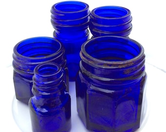 Vintage Cobalt Blue Glass apothecary Old Bottle Collection, Antique blue Medicine Bottles, movie stage props doctor's office old remedy