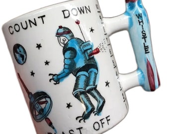 Vintage Rocket Launch mug Astronaut whistle cup Count Down Blast off Japan Atomic Space Age Rocket