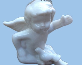 Vintage small white porcelain Christmas Cherub Angel with bird, vintage Valentines Cupid tree Ornament, Memorial Winged angel with bird RIP