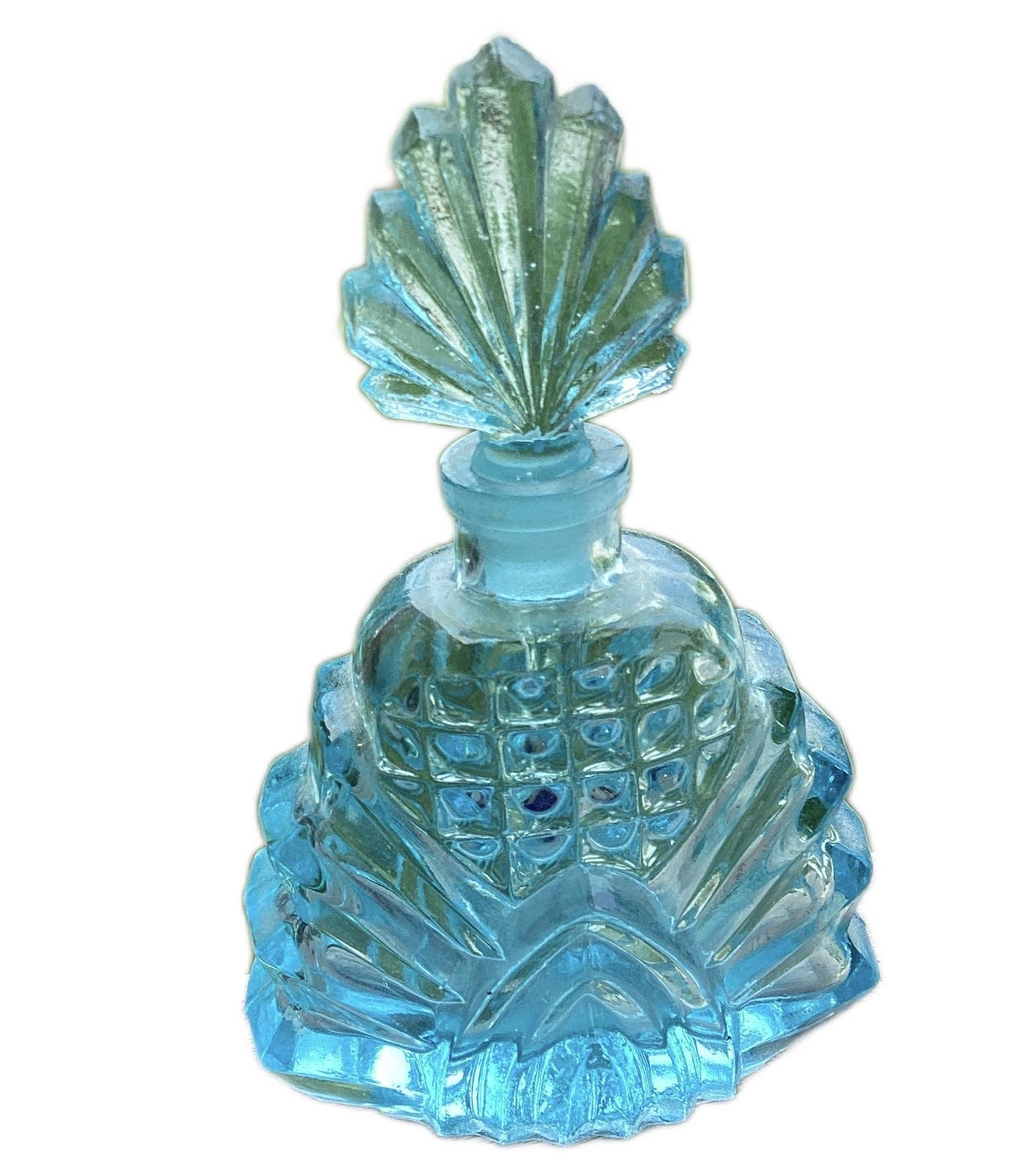 Vintage Fancy Aqua Blue Glass Perfume Bottle Art Deco Lady's