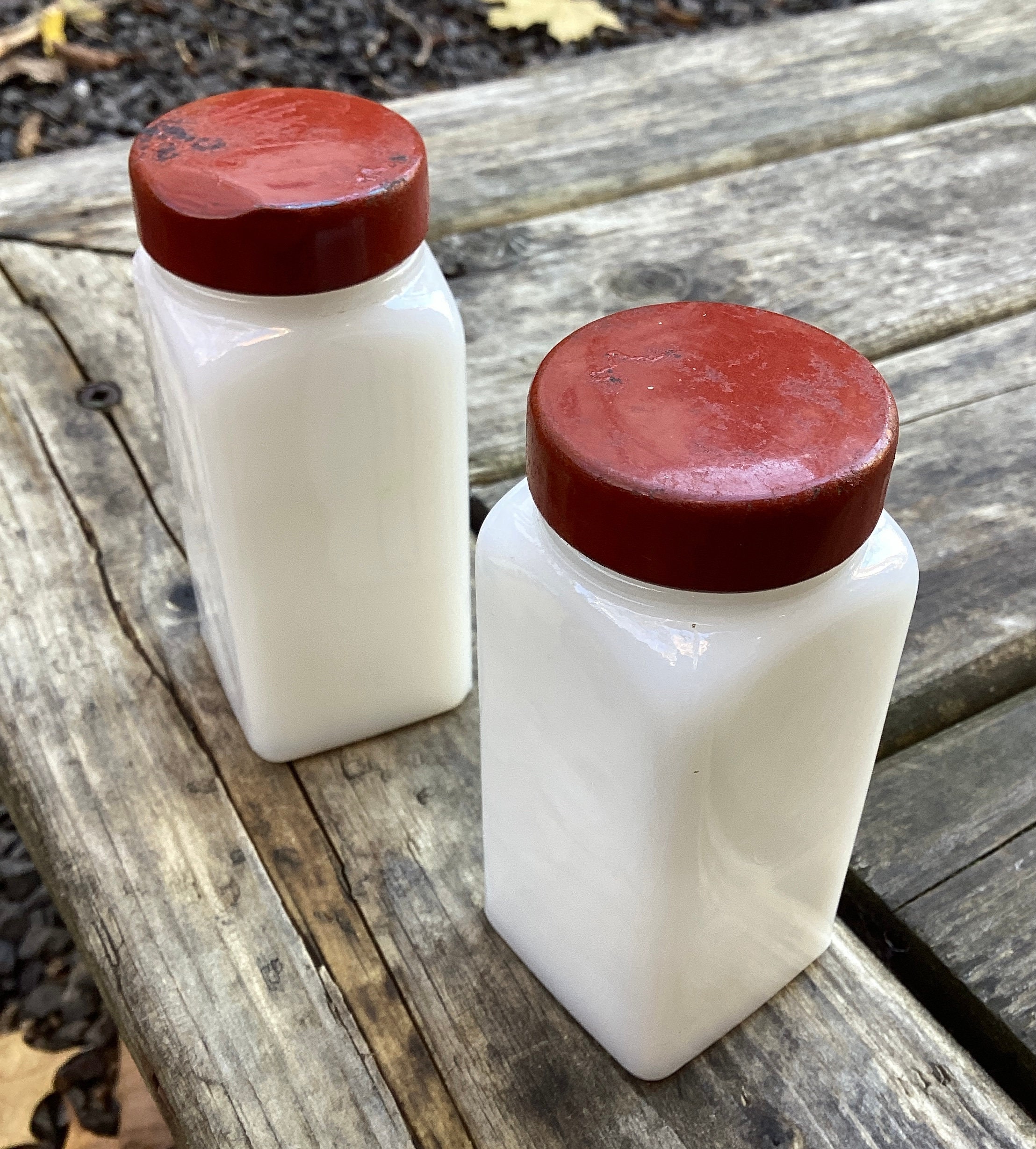 Vintage Griffith's Spice Jars MCM Milk Glass Red Metal Tops