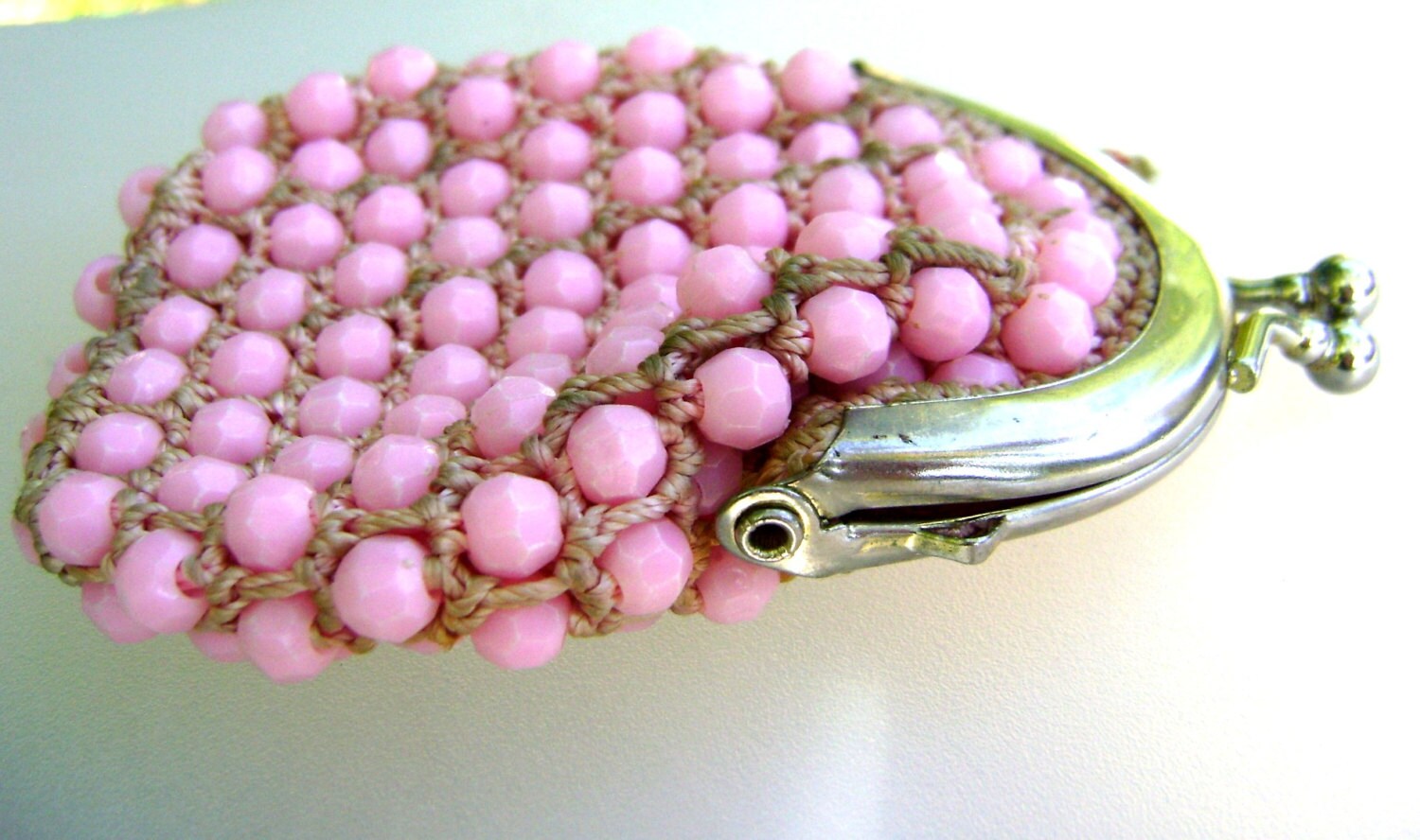 Vintage Baby Pink Beaded Coin Pouch Midcentury Modern Change 