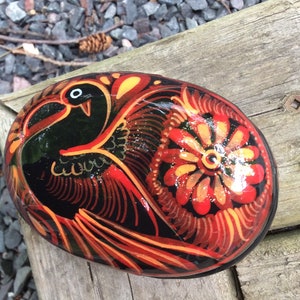 Vintage Enamel Bird Trinket Box: red and black Mexican Pottery Jewelry Case