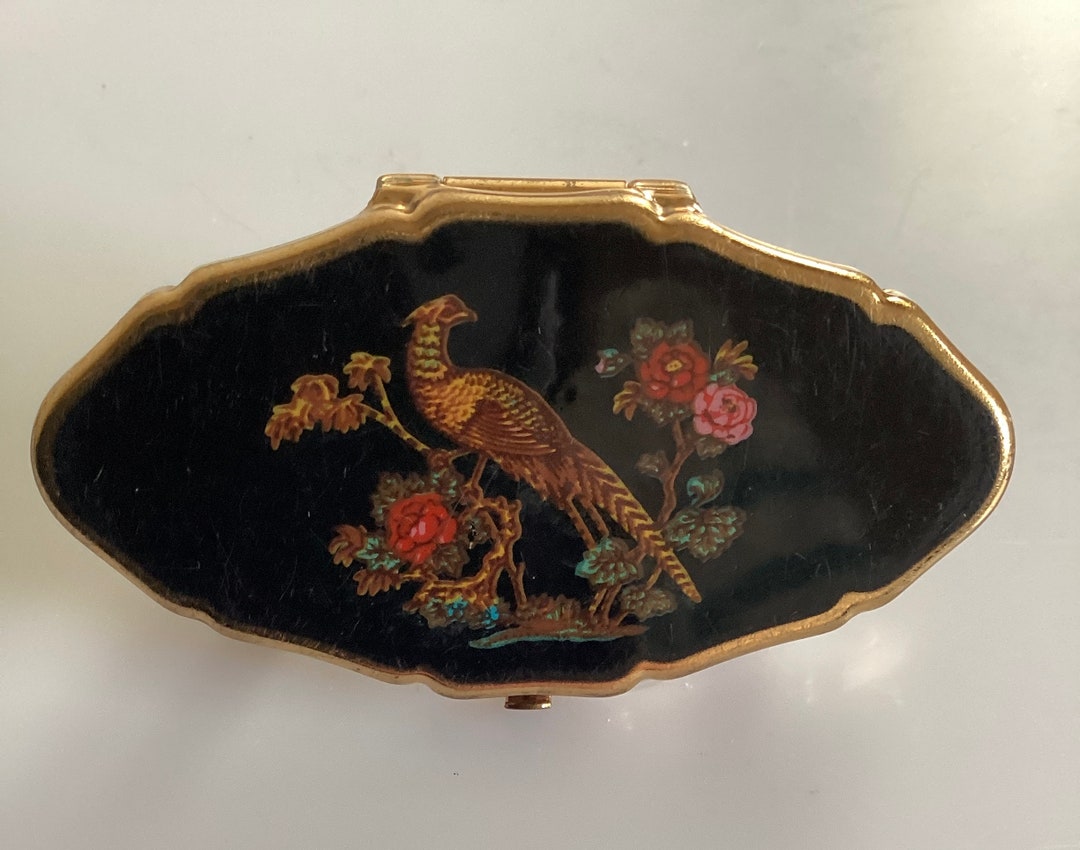 Vintage Stratton Lipstick Case Holder, Vintage Black Pheasant Floral Lipstick Holder, Stratton