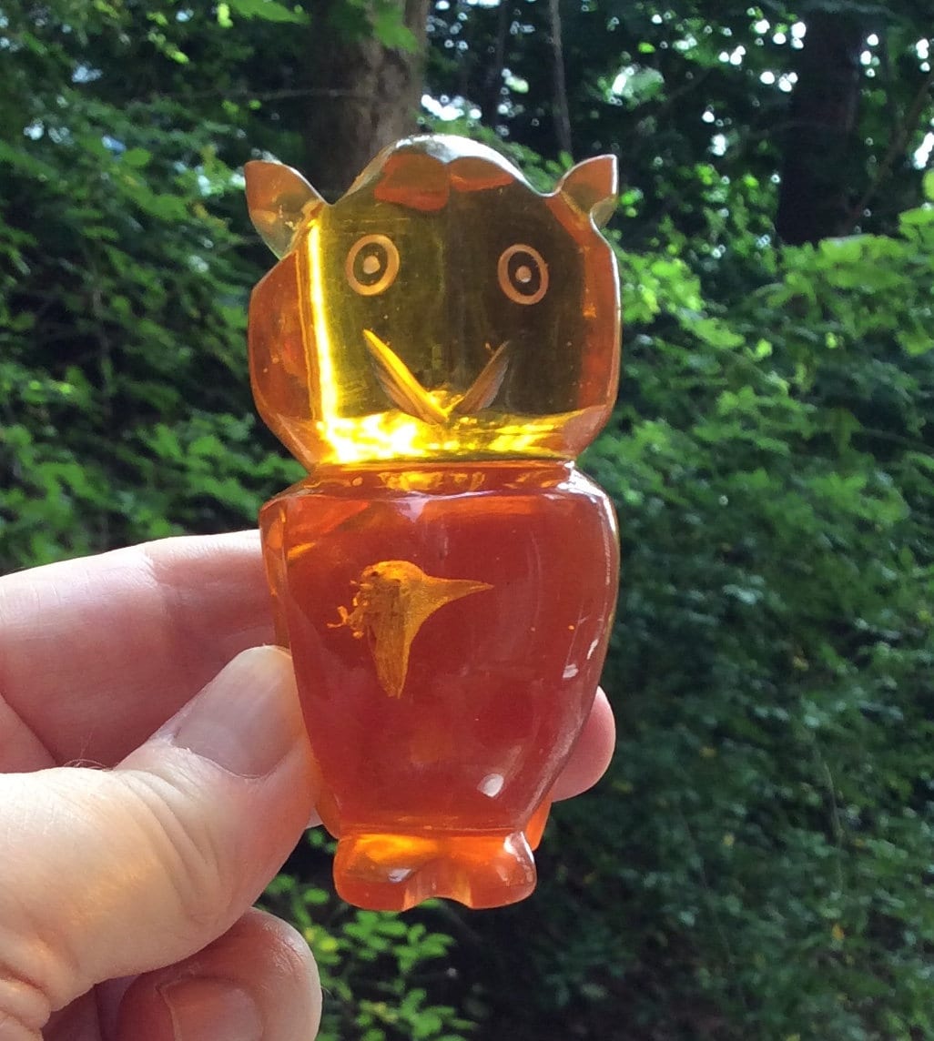 Vintage Owls carved orange Lucite figurine rare Amberina Owl embedded Insect spirit guide