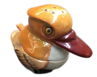 Vintage Duck orange Lustreware Salt Cellar, Dodo bird Big billed duck salt shaker and salt Cellar, hand painted Japan corked bird silly duck