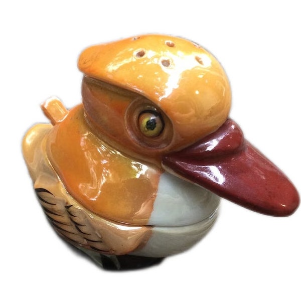 Vintage Duck orange Lustreware Salt Cellar, Dodo bird Big billed duck salt shaker and salt Cellar, hand painted Japan corked bird silly duck