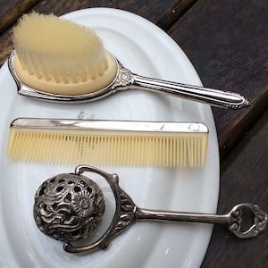 Vintage Baby Silver Plated Brush and Comb set, silver lace metal baby rattle roller, baby brush celluloid, Victorian goth baby shower gifts