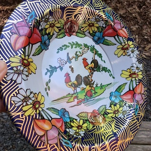 Vintage rooster metal serving tray European decor aluminum Bluebird cocktail drinks server Action Industries Brazil kitchen bar props Easter
