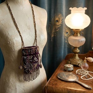 Vintage Beaded purple Velvet Pouch Bag: Iridescent Flapper Style with Long Strap costumes stash