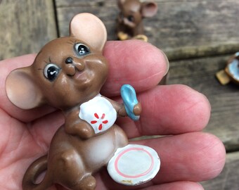 Vintage Josef Original Tiny Mice Figurines, Vintage Josef Brown Mice set, Josef's Originals bisque mice family, vintage Valentines baby mice