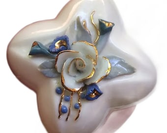 vintage small trinket case ring box Capodimonte style Bone China applied blue gold flower treasure Valentines dresser parlour accessories