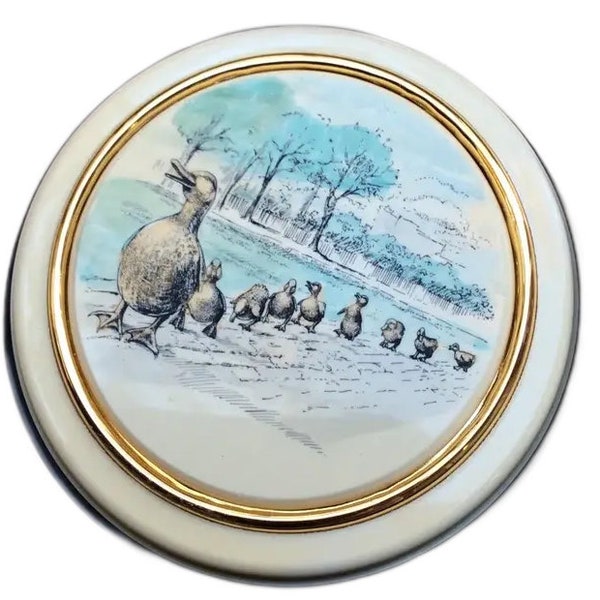 Vintage Stephen Barlow art Winter city park scene ducks unlimited geese Paperweight, White Faux Scrimshaw Round Paperweight gifts for office