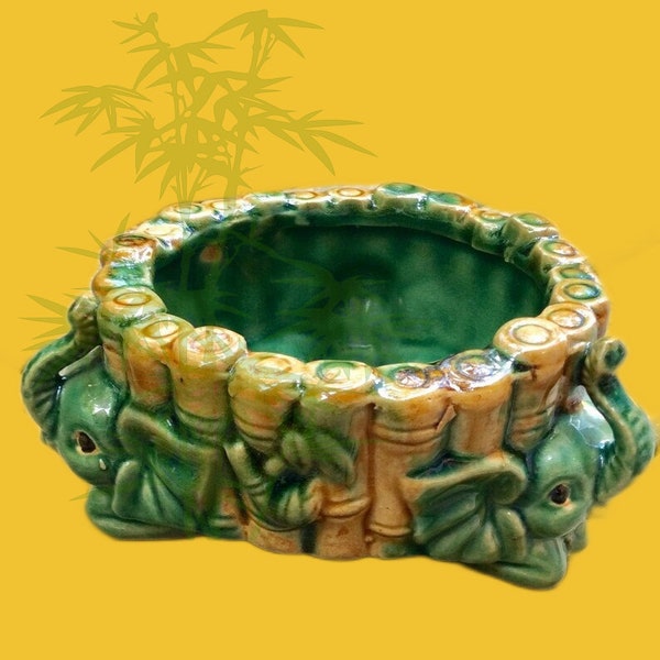 Vintage MCM green glaze pottery Elephant Bamboo Planter bowl, India Elephant Asian style flower pot, Boho balcony Plant pot for urban garden