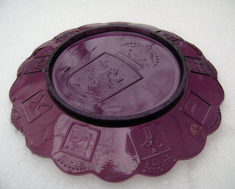 Royal Crests Vintage Purple Glass Plate Free Shipping Sale Coat of Arms Flags Purple Plate Amethyst Heraldic Crest Art Glass Emblems