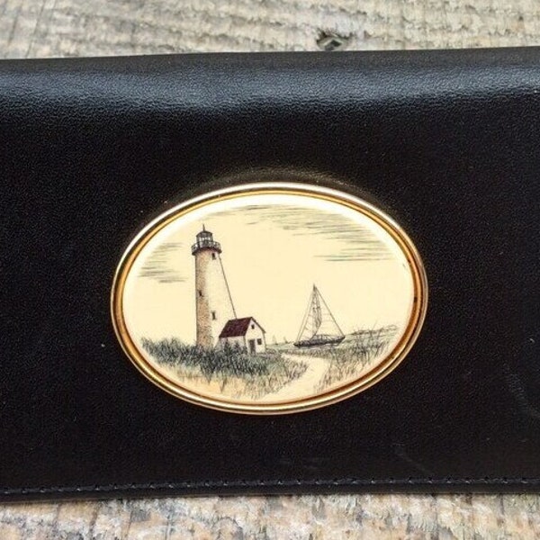 Vintage Stephen Barlow lighthouse Cabochon leather Business credit Card Folder case, mens unisex accessories, S Barlow Nantucket card case