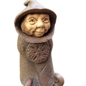 Vintage stoneware sculpture gnome Windridge House Pottery Gentlefolk Darren Perkins signed Wizard hooded cape artisan Canada handmade OOAK