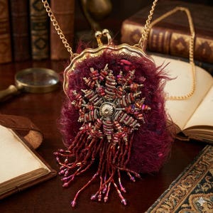 Vintage Beaded Felted Bag: red Burgundy Flapper Style Pouch with Chain tassels