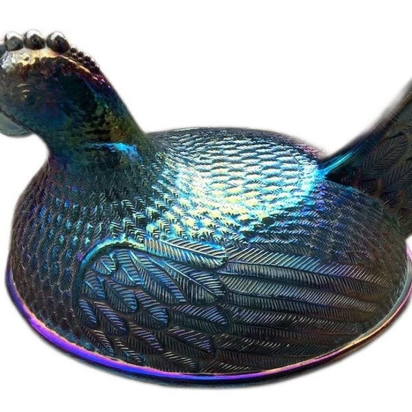 Vintage Indiana Carnival Glass Hen on Nest Covered Dish, retro 70s Blue Carnival glass Iridescent replacement Lid top for hen chicken nest