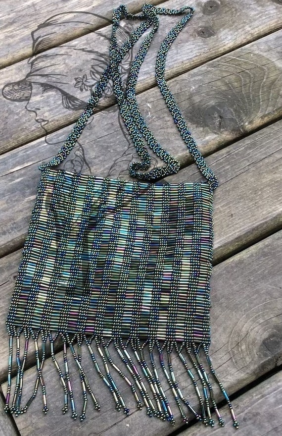 vintage peacock color iridescent beaded flapper s… - image 1