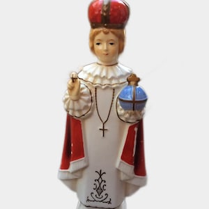 Vintage Religious Christian Jesus of Prague altar decor statue red long robe Catholic Christmas gifts regalia Coronation Orb Amulet globus