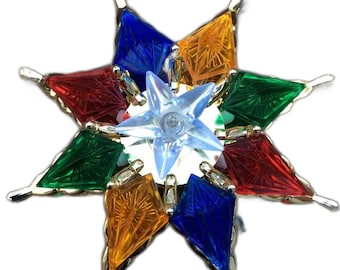 Vintage Retro Christmas Tree Topper Star Faux Stained Glass Star for window or wall, Plastic MultiColor Christmas plug in Lighted glow Star