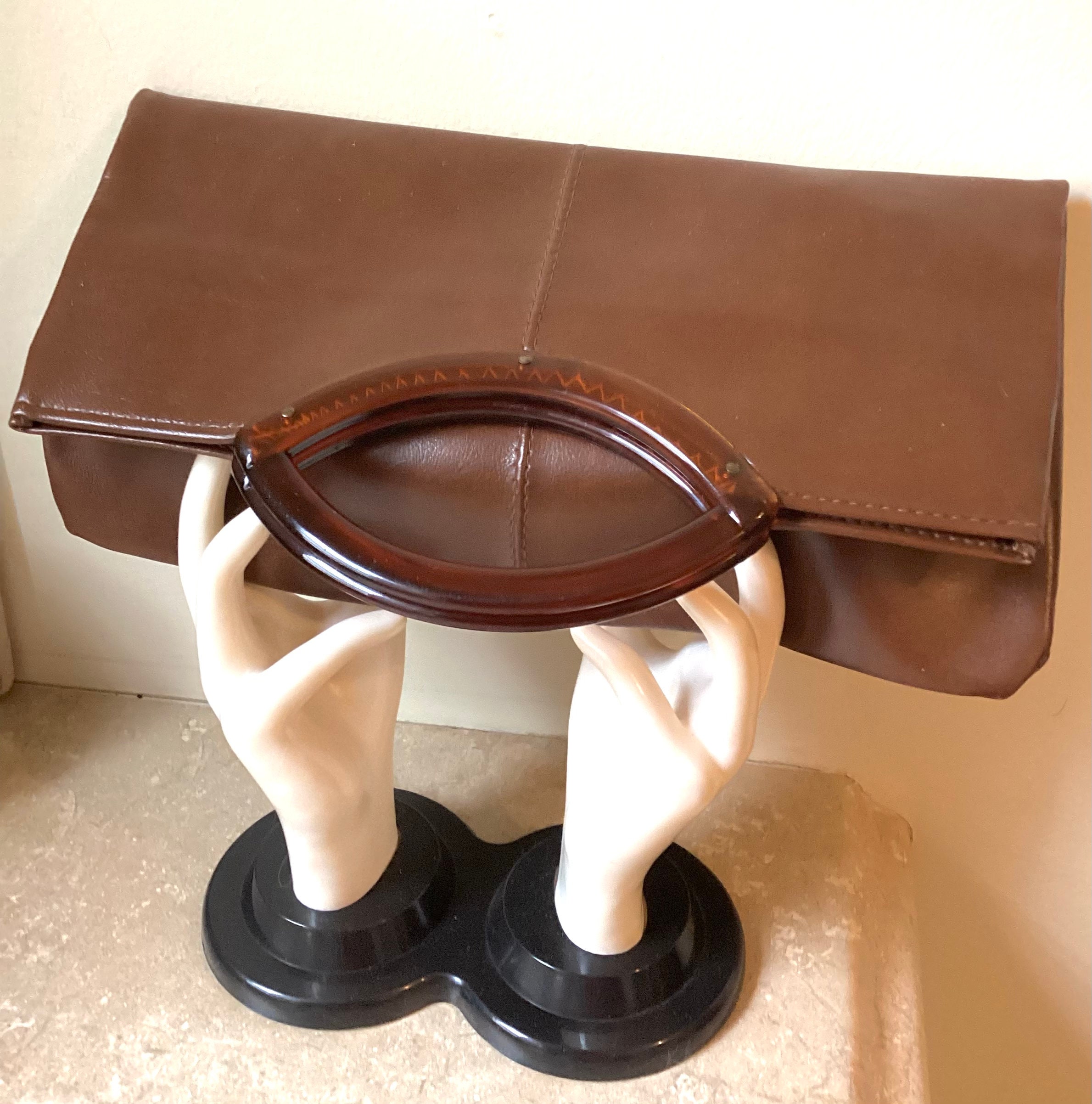 Vintage 70s handbag chocolate brown vinyl mod hand bag retro lucite handle square fold purse tortoise shell purse handles nurses tote gifts
