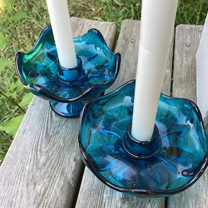 Vintage Teal Blue Viking Glass Candle Holders: Lotus Flower Pedestal, MCM Tablescape