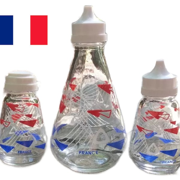 Vintage midcentury modern French nautical glass condiment set, retro red white blue sailor S & P cruet set Sailing gifts summer cottage core