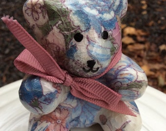 vintage quilted Bear Figurines, Vintage Floral Decoupage Bear, floral Panda, ceramic Cottage Core bears, pink peonies blue Flowers bear