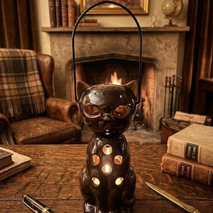 May include: A dark brown ceramic cat-shaped lantern with a handle, featuring eye and body cutouts. The lantern is lit with candles, casting a warm glow. It sits on a wooden table with a pen, books, and a fireplace in the background.