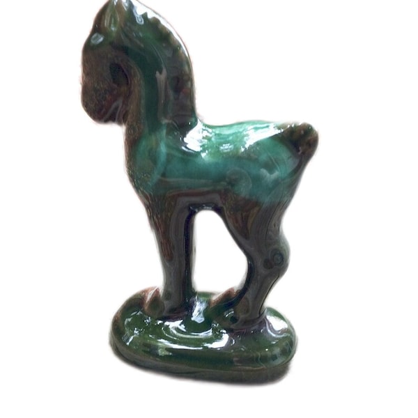 Vintage Blue Mountain Pottery pony horse figurine, Canadian Christmas BMP green blue glaze small horse Foal, Pottery animals holiday decor