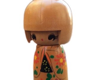 Vintage Kokeshi Wooden Japanese Art Doll, Asian Bobble Head wood doll Kimono Japan, Wooden collectible doll, Mother's day gift Asian decor