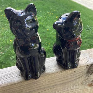 May include: Two black ceramic cat salt and pepper shakers. The cats are sitting upright with their tails curled around their legs.
