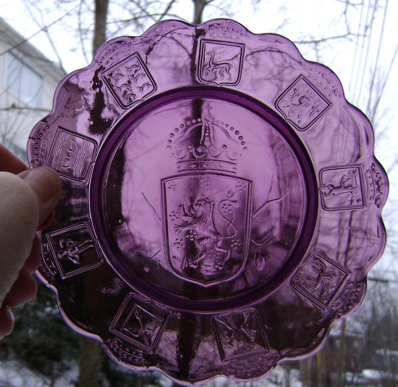 Royal Crests Vintage Purple Glass Plate Free Shipping Sale Coat of Arms Flags Purple Plate Amethyst Heraldic Crest Art Glass Emblems