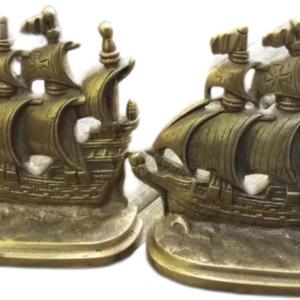 Vintage Brass pirate old Sailing Ship Book Ends, retro brass bookends Medieval war Tall Ships, Cross Pattée Flag Ship father's day gifts