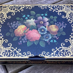 Vintage Black with Crackle Finish Tole Painted Like Flowered Tin Box Made in England country Kitchen decor tins collectibles storage roses