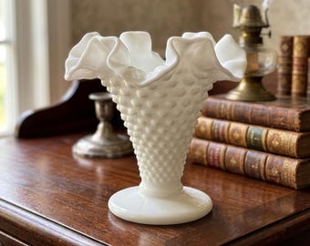 Vintage Fenton Custard Satin Glass Vase, Uranium Glow, Hand