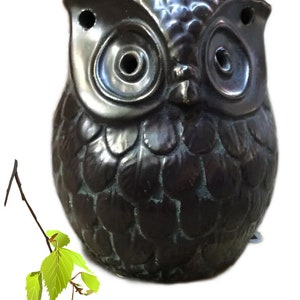 Vintage black goth owl Ceramic dark brown Votive candle holder, Halloween decor light burners Lamps, Autumn birthday lantern movie props