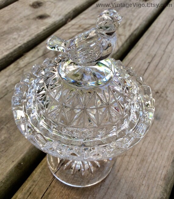 Vanity Decor with Etched Bird Candy Dish Vintage Hofbauer Byrdes Cut Crystal Glass Double Heart Jewelry Box 2 Trinket Dishes