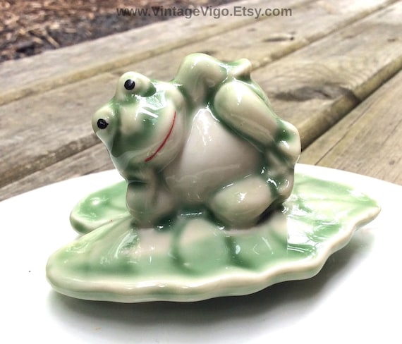Vintage Lounging Green Frogs on A Lily Pad, Anthropomorphic Frog
