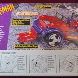 May include: A red and blue Spider-Man toy jeep with a pull-out spider-wheel grip. The box features instructions for playing with the toy. The text on the box reads "Spider-Man Web-Slinger".