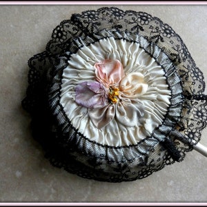 French Antique Lollipop Powder Puff Blace Chantilly Lace Silk Satin Lace Circa 1900&#39;s Hard to Find! Boudoir Vanity Item