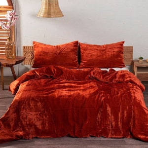 3 Pcs Set Burnt Orange Luxury Crushed Velvet Duvet Cover Boho