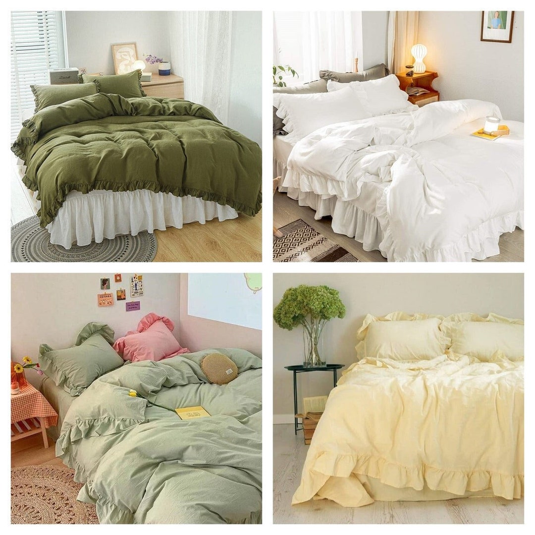3 Pcs Ruffled Cotton Duvet Cover, King Comforter Cover, Boho Bedding