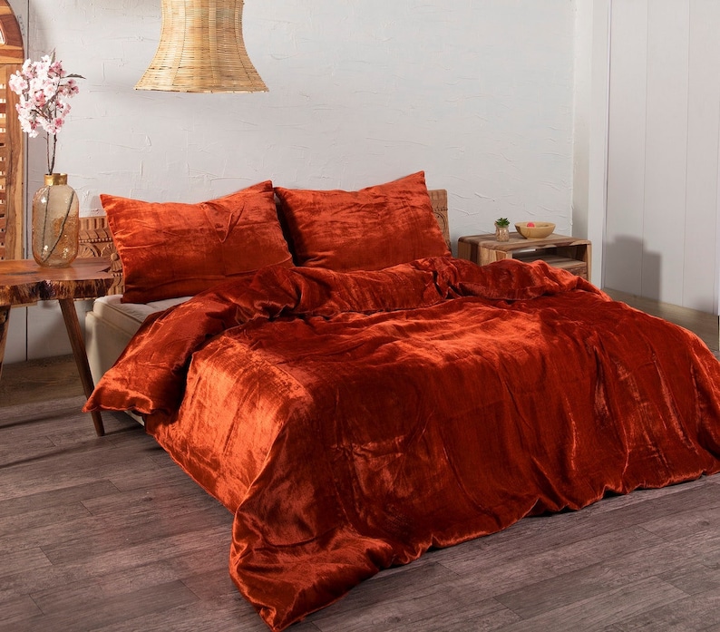 3 Pcs Set Burnt Orange Luxury Crushed Velvet Duvet Cover Boho Etsy